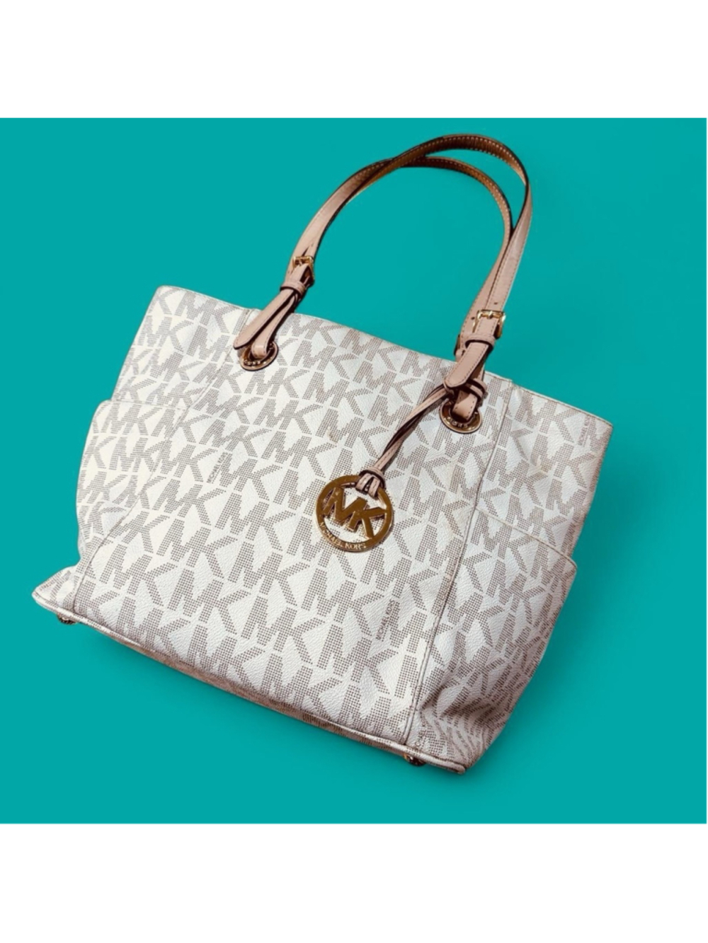 Michael Kors Signature MK Logo Tote Shoulder Bag Vanilla Jet Set Gold Hardware